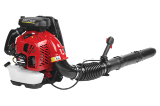 Side view of a leaf blower with a visible fuel tank and control handle.