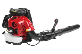 Side view of a leaf blower with a visible fuel tank and control handle.