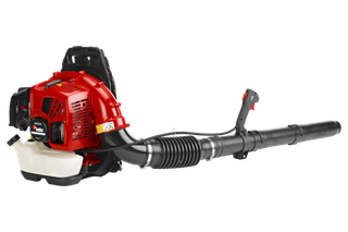 Side view of a leaf blower with ergonomic handle and fuel tank.