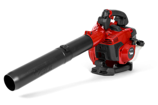 Side view of a handheld leaf blower with ergonomic handle and nozzle.