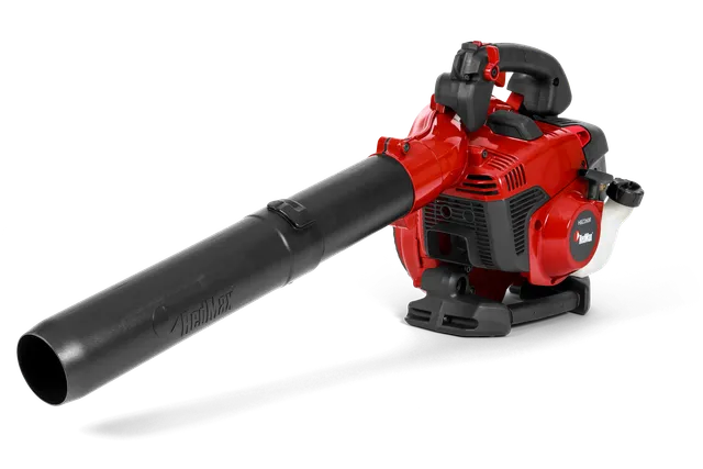 Side view of a handheld leaf blower with ergonomic handle and nozzle.