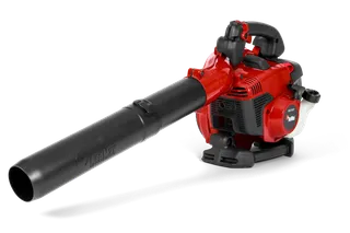 Side view of a handheld leaf blower with ergonomic handle and nozzle.