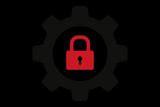 Icon of a red padlock inside a black gear.
