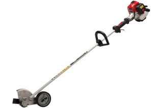 Side view of a gas-powered lawn edger with a dual handle design.