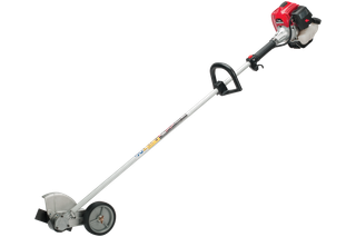 Side view of a garden edger with a long handle and motor.