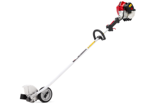 Side view of a garden edger with a long handle and wheel for easy maneuverability.