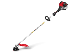 Side view of a string trimmer with a long shaft and loop handle.