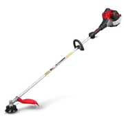 Side view of a string trimmer with a long shaft and loop handle.