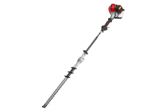 Side view of a pole hedge trimmer with an extended cutting blade.
