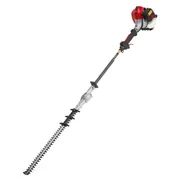 Side view of a pole hedge trimmer with an extended cutting blade.
