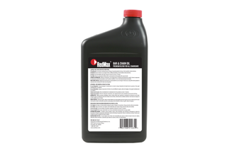 Rear view of a RedMax bar and chain oil bottle with product label.