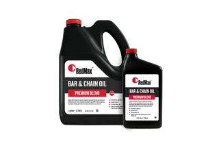 Front view of two RedMax bar and chain oil containers, one gallon and one quart size.