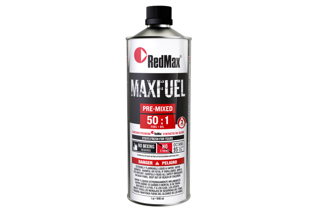 Front view of a RedMax MaxFuel pre-mixed fuel and oil canister with safety warnings.