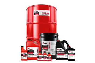 Front view of various RedMax oil and lubricant containers, including a large drum, pail, and bottles.