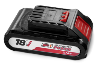 Side view of a lithium-ion battery with 18V and 2.1Ah capacity.