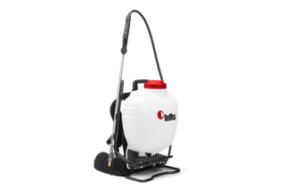 Side view of a RedMax backpack sprayer with a hose and nozzle.