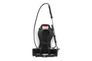 Rear view of a backpack sprayer with adjustable straps and a long spray wand.