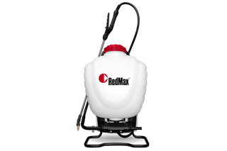 Front view of a RedMax backpack sprayer with a hose and nozzle.