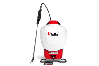 4 Gallon Battery Backpack Sprayer. Front view of a RedMax backpack sprayer with a long nozzle attachment.