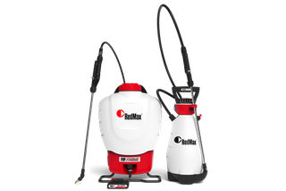 4 Gallon Battery Backpack Sprayer. Front view of two RedMax sprayers with adjustable nozzles and ergonomic handles.