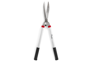 Front view of a pair of garden hedge shears with ergonomic handles.