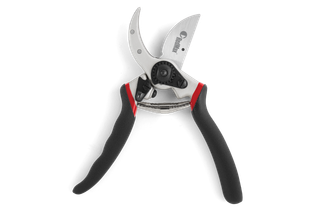 Front view of a pruning shear with ergonomic handles and a sharp blade.