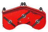 Top view of a lawn mower cutting deck with three blades and wheels.