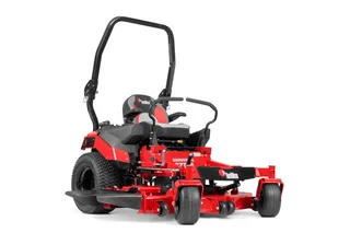 Front view of a commercial zero-turn mower with cutting deck.