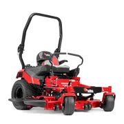 Front view of a commercial zero-turn mower with cutting deck.