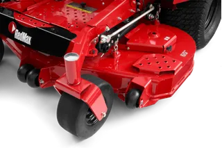 Close-up of a RedMax commercial mower's cutting deck and wheels.