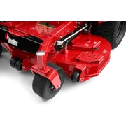 Close-up of a RedMax commercial mower's cutting deck and wheels.
