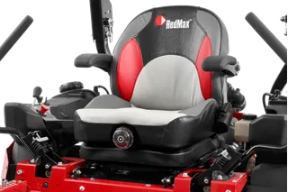 Front view of a RedMax mower seat with adjustable armrests.