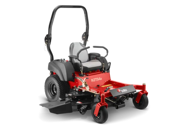 Front view of a zero-turn lawn mower with adjustable seat and steering controls.