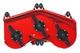 Top view of a commercial mower cutting deck with three blades.