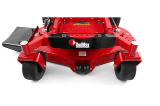Front view of a RedMax commercial mower cutting deck with wheels.