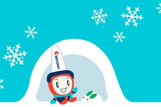 雪の結晶が広がる雪に覆われたイグルーに座っている漫画のキャラクター。