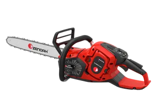人間工学に基づいたハンドルとコントロールパネルを備えたZenohチェーンソーの側面図。