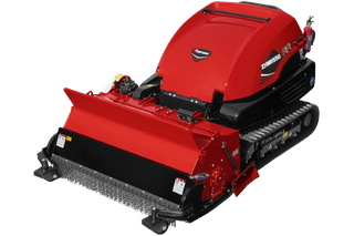 Side view of a heavy-duty tracked mower with cutting blades.